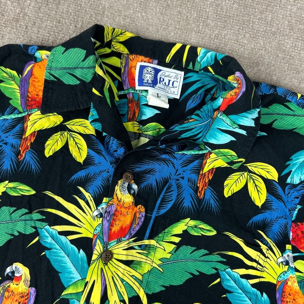 Vintage RJC Hawaiian Shirt Mens Large Multicolor Leaves Parrots Aop Button Up